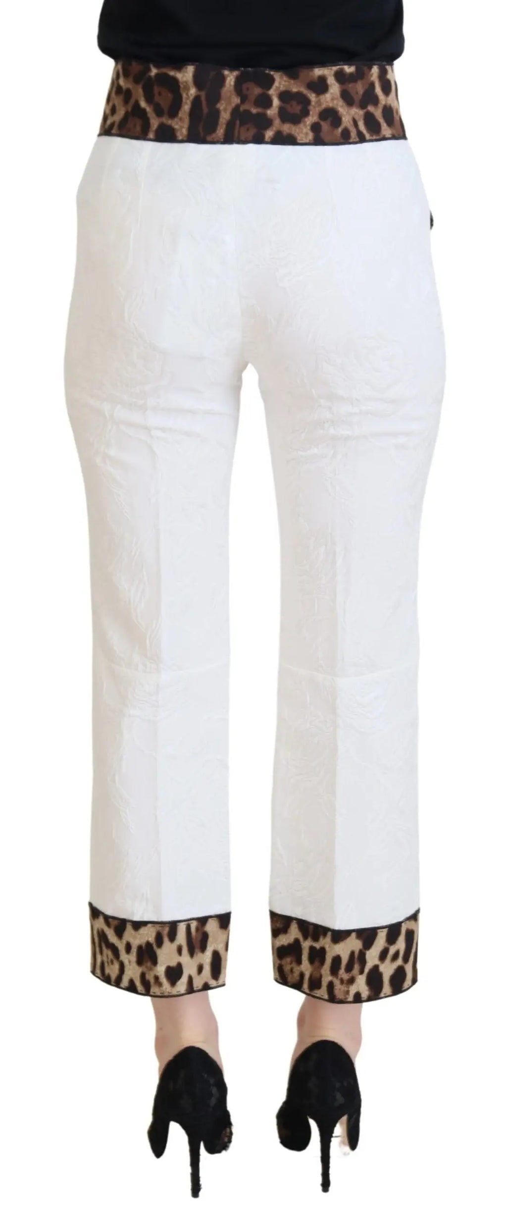 Pantalon blanc dolce et gabbana taille haute avec ceinture et revers imprimés léopard design ajusté