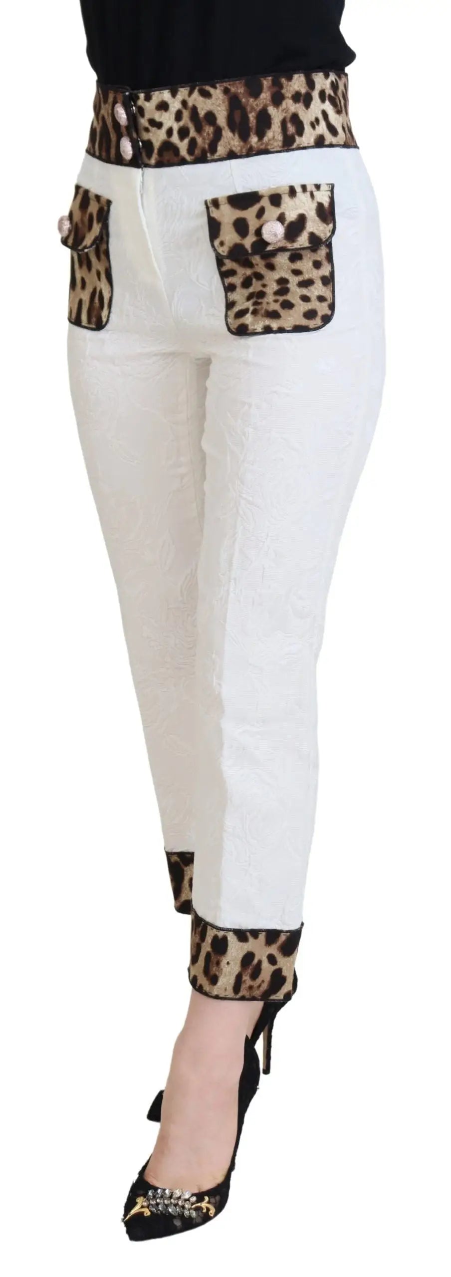 Pantalon taille haute blanc dolce & gabbana en denim avec accents imprimé léopard sur la ceinture et les poches