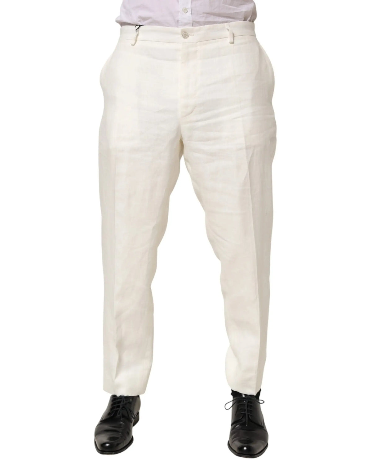Pantalon homme formel dolce & gabbana en lin blanc crème avec coupe droite classique et plis subtils à la taille