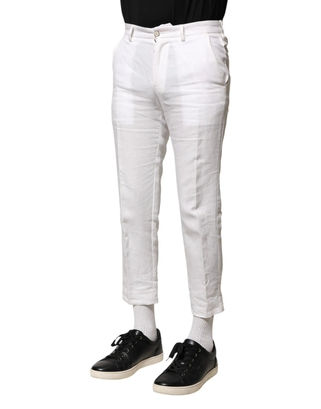 Pantalon court en lin blanc dolce gabbana taille mi haute avec coupe droite et revers aux chevilles