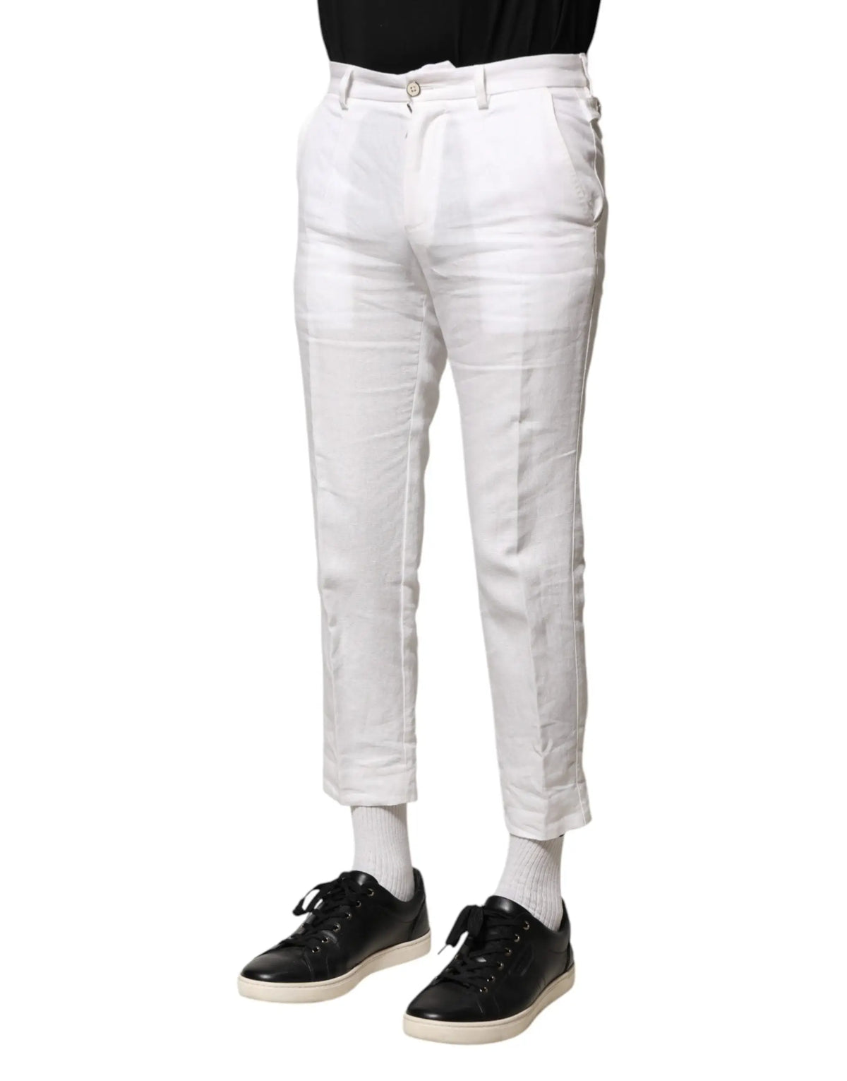 Pantalon court en lin blanc dolce gabbana taille mi haute avec coupe droite et revers aux chevilles