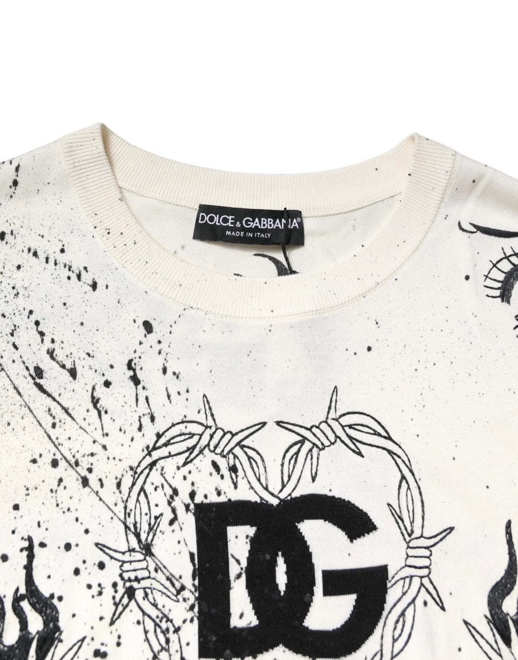 Sweatshirt dolce & gabbana blanc avec logo dg noir encerclé de fil barbelé et éclaboussures style encre
