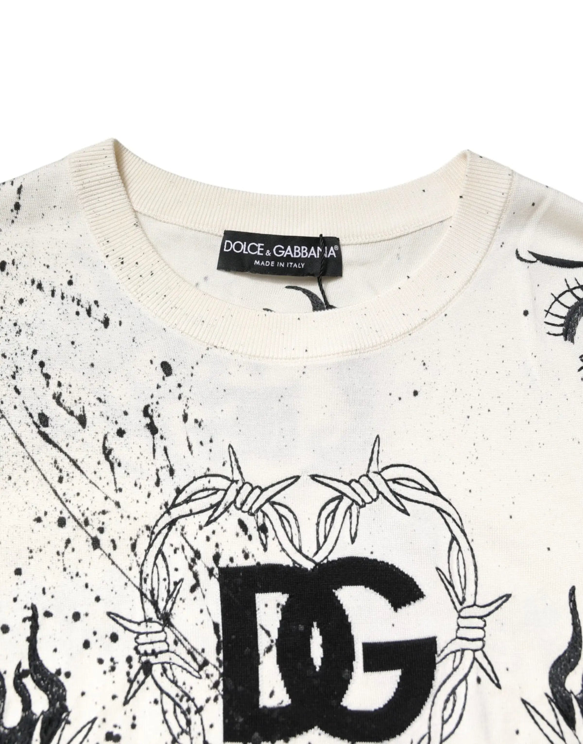 Sweatshirt dolce & gabbana blanc avec logo dg noir encerclé de fil barbelé et éclaboussures style encre