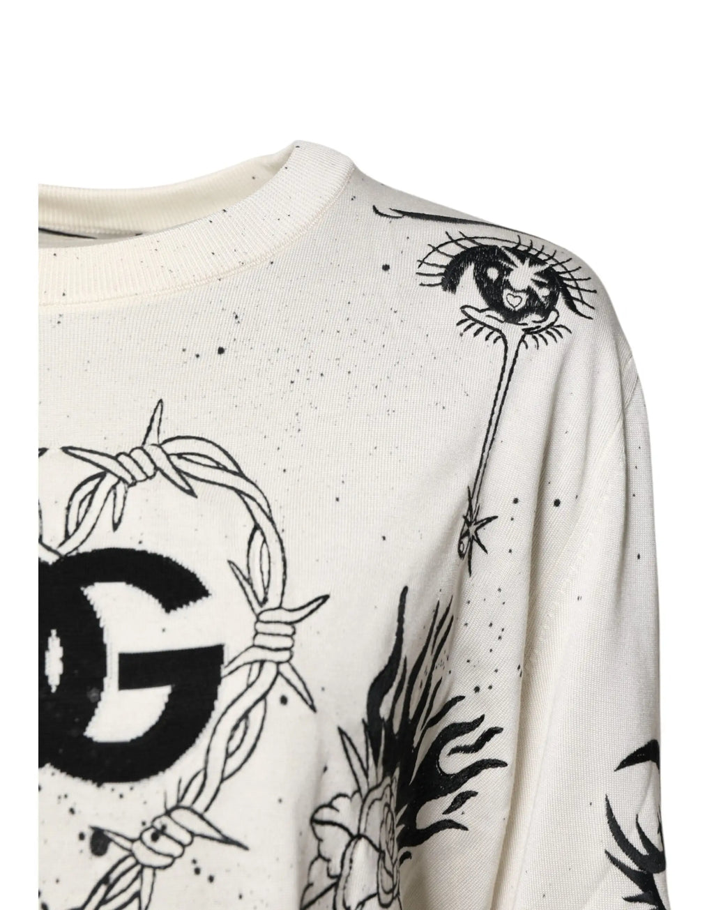 Sweatshirt blanc en coton dolce & gabbana avec imprime graphique noir de fil barbele, oeil stylise et motifs floraux