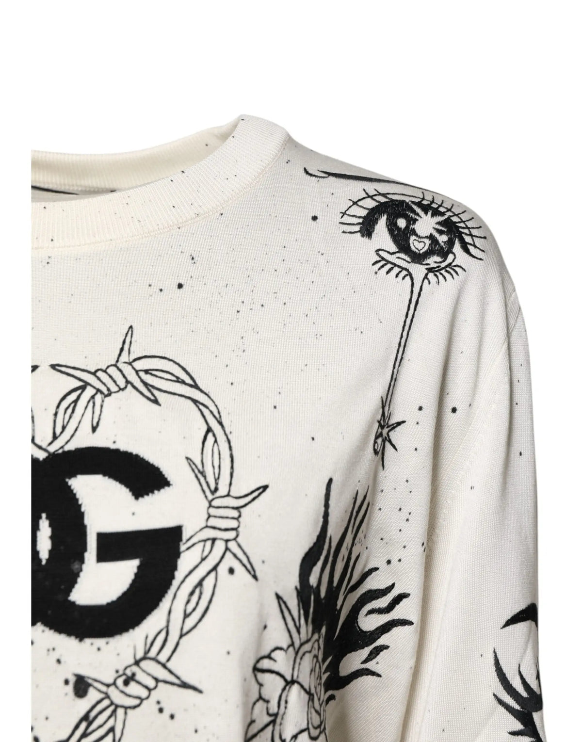 Sweatshirt blanc en coton dolce & gabbana avec imprime graphique noir de fil barbele, oeil stylise et motifs floraux