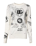 Sweatshirt dolce & gabbana blanc avec motifs noirs style encre cœur avec fil barbelé roses chérubins et phrase no stress good times