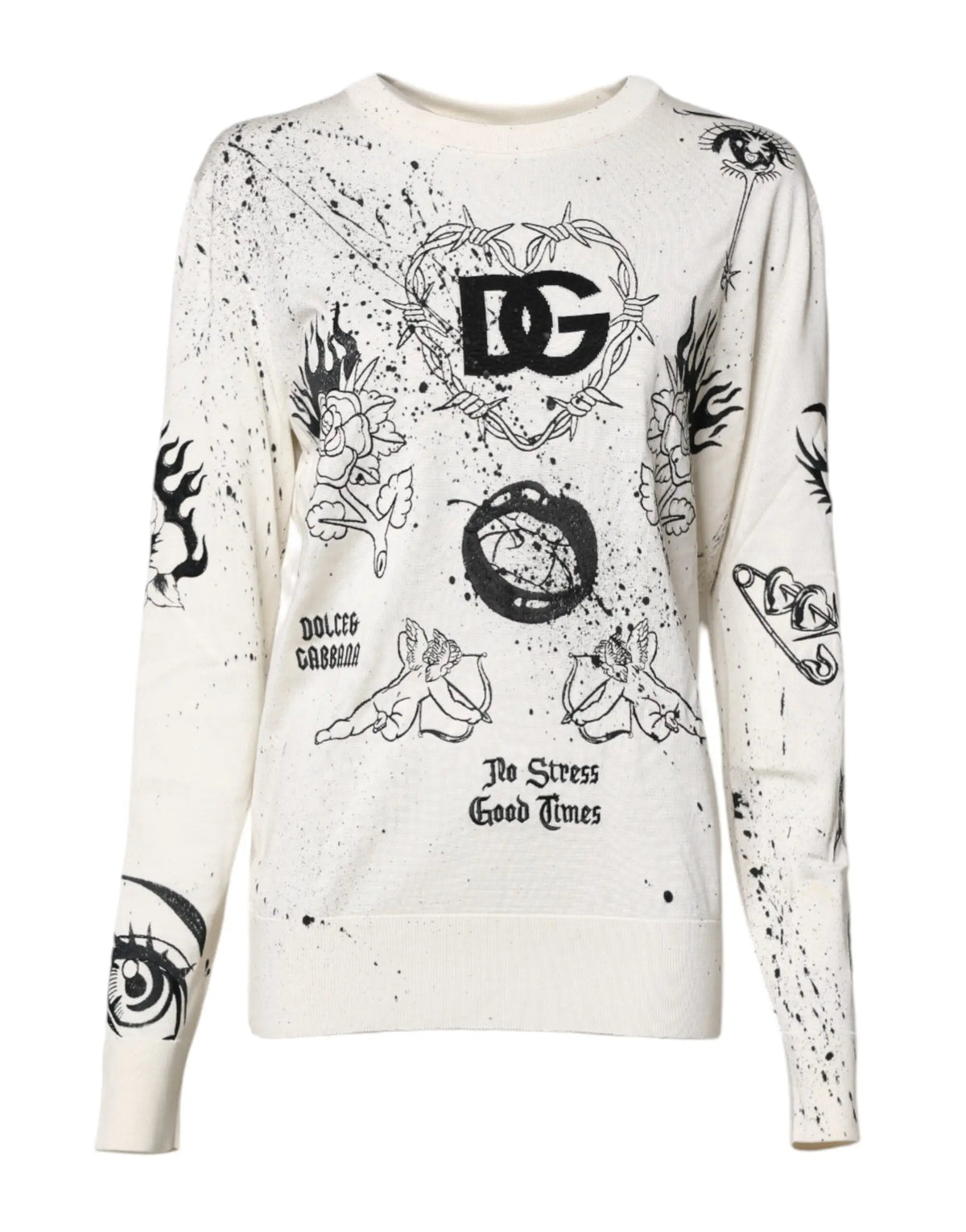 Sweatshirt dolce & gabbana blanc avec motifs noirs style encre cœur avec fil barbelé roses chérubins et phrase no stress good times