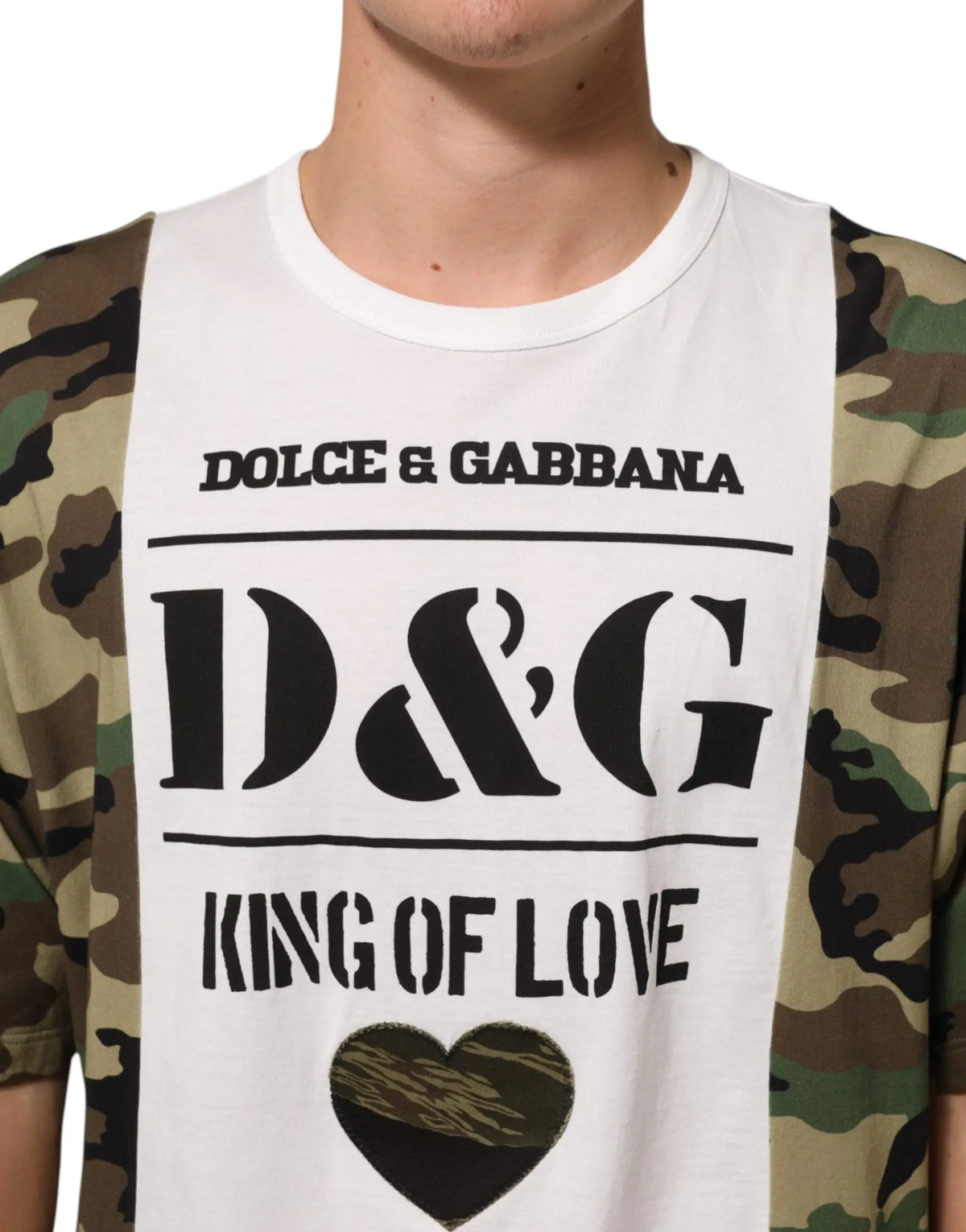T-shirt homme dolce & gabbana blanc avec logo noir d&g king of love et manches camouflage