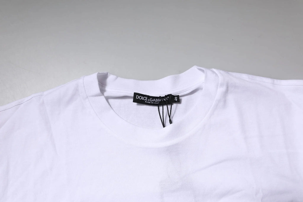 T-shirt dolce & gabbana blanc à col rond avec étiquette noire de la marque au col manches courtes