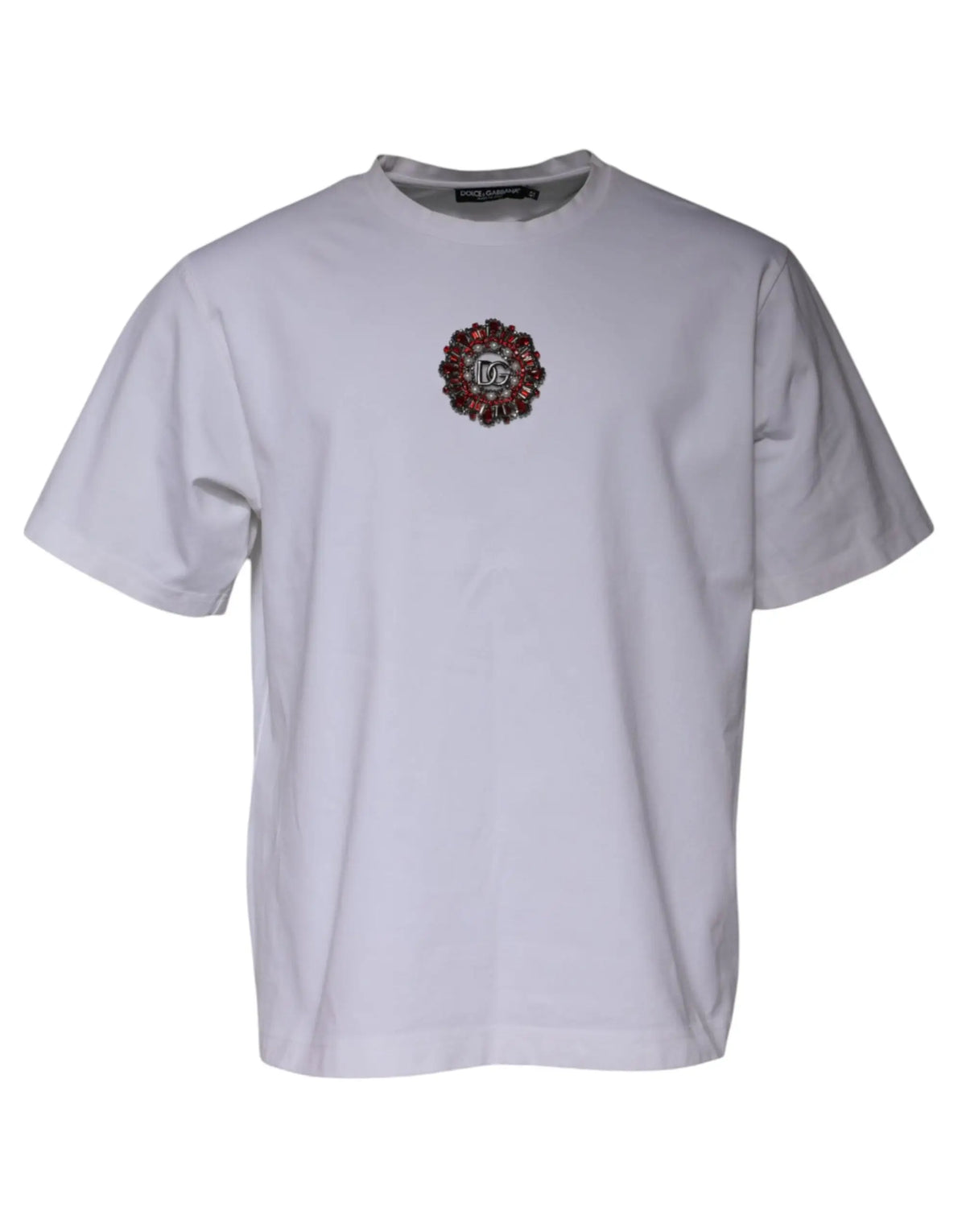 T-shirt blanc dolce & gabbana manches courtes avec logo circulaire rouge et argent orné sur la poitrine