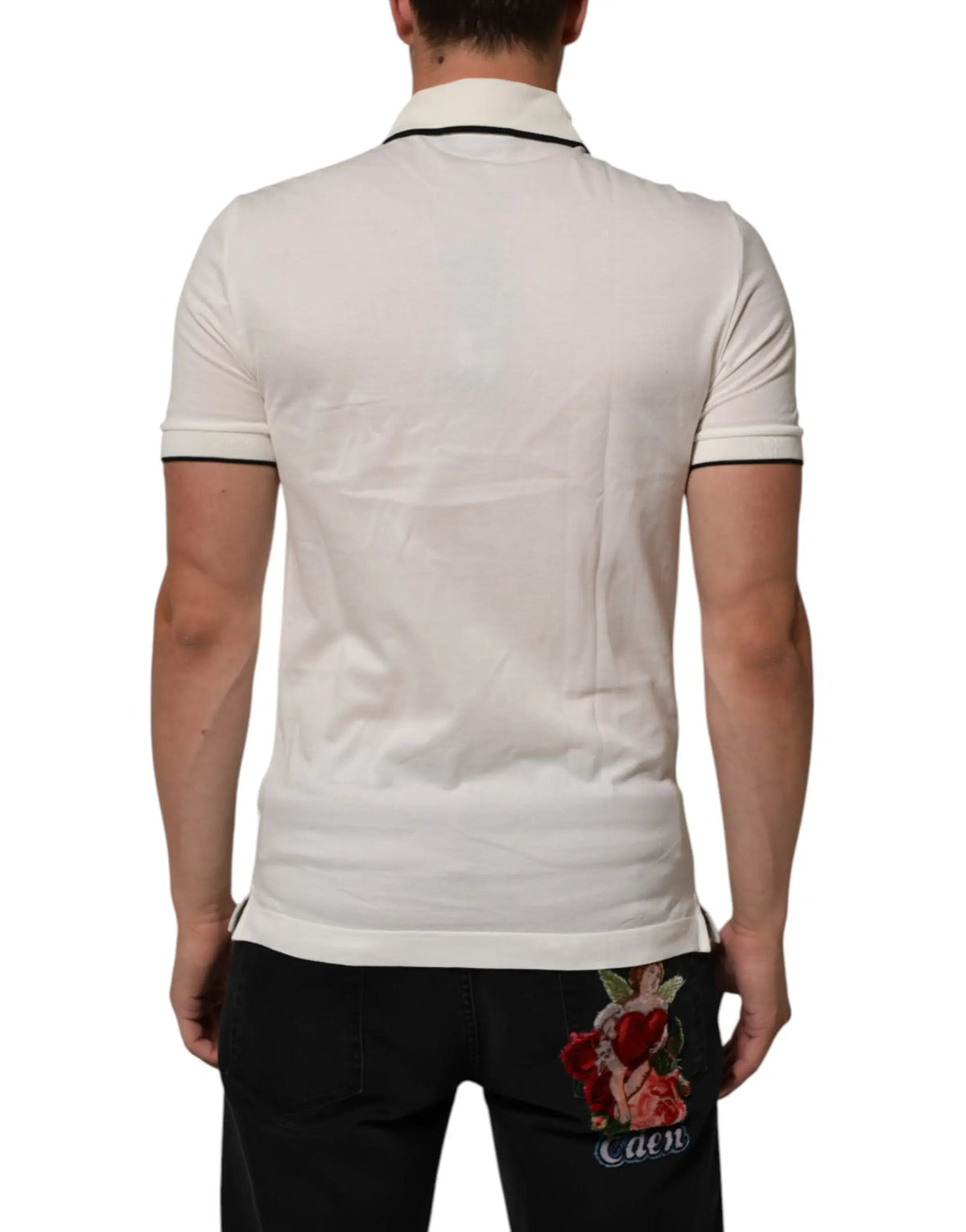 Polo t-shirt dolce & gabbana blanc en coton avec broderie logo et bordures noires en maille texturée