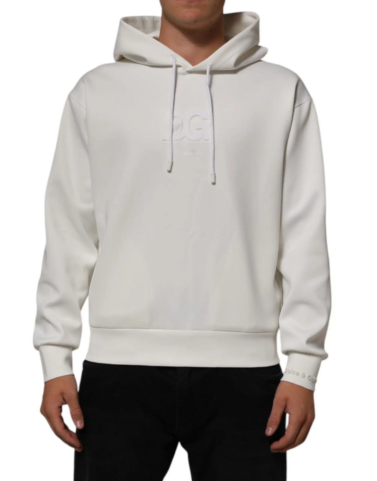 Dolce & gabbana white logo hooded men sweatshirt sweater en coton doux crème avec logo brodé subtil et cordons assortis