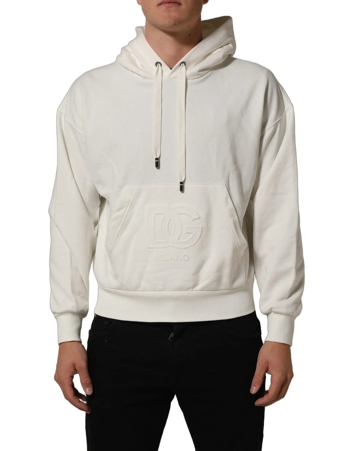 Dolce & gabbana sweat à capuche blanc avec logo embossé subtil sur la poche avant