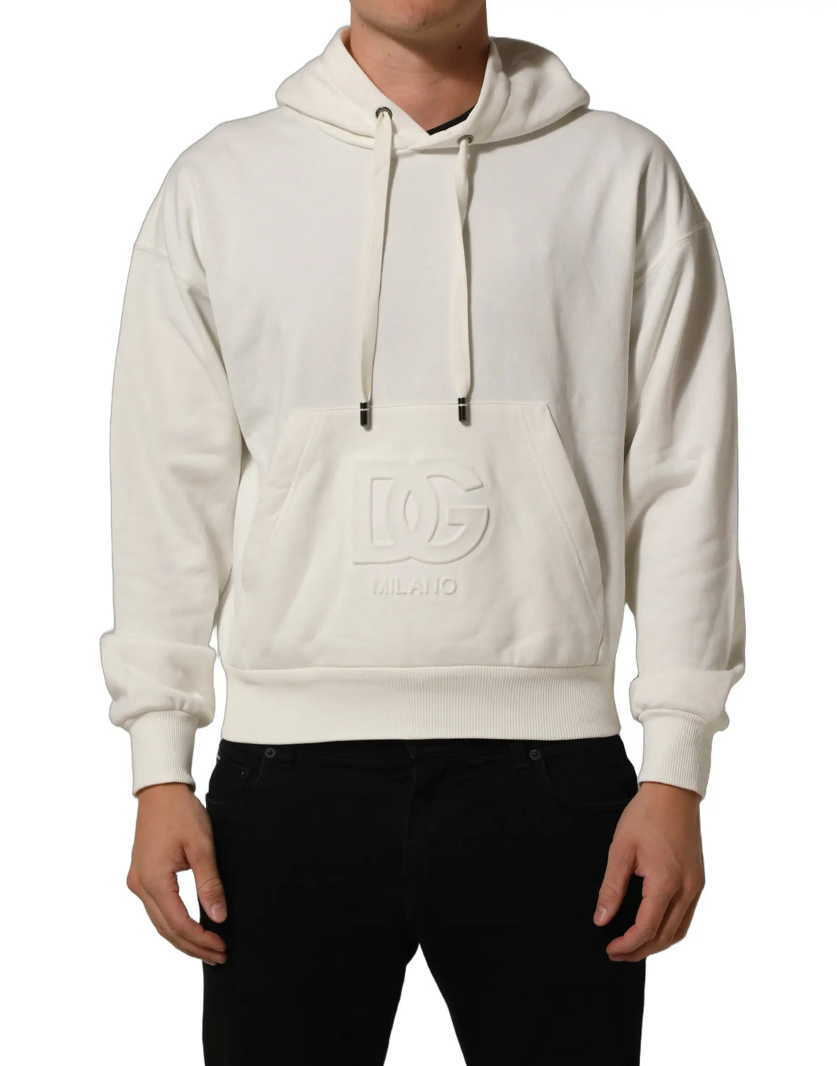 Sweat à capuche dolce & gabbana blanc avec logo embossé subtil sur la poche avant en tissu technique