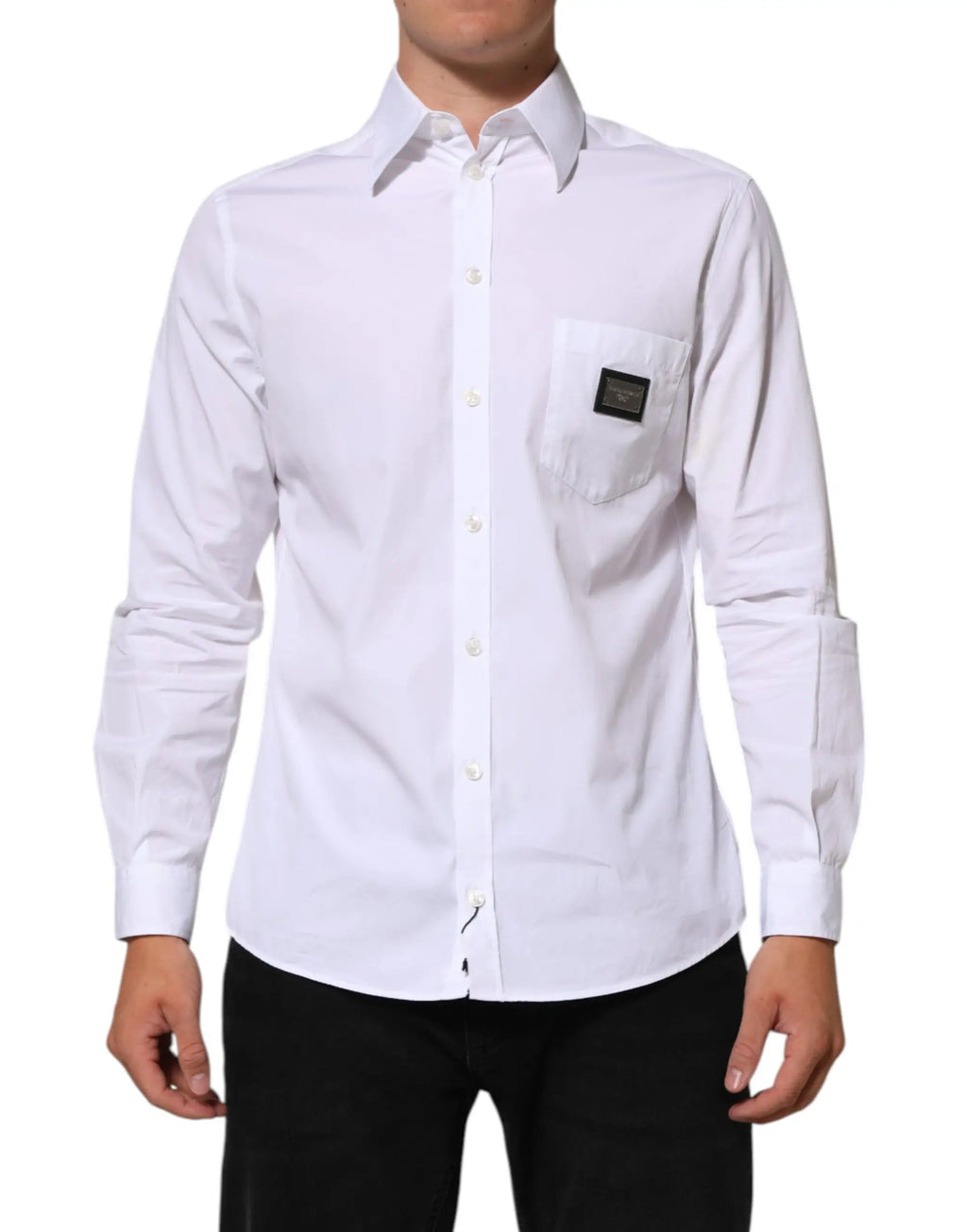 Dolce & gabbana chemise blanche formelle en coton avec poche poitrine ornée d’une plaque logo noire