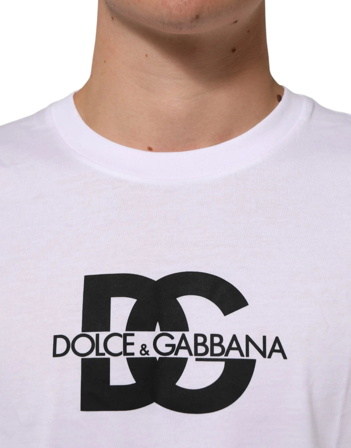 T-shirt blanc dolce & gabbana en coton avec logo dg entrelacé noir et nom de la marque imprimé en noir