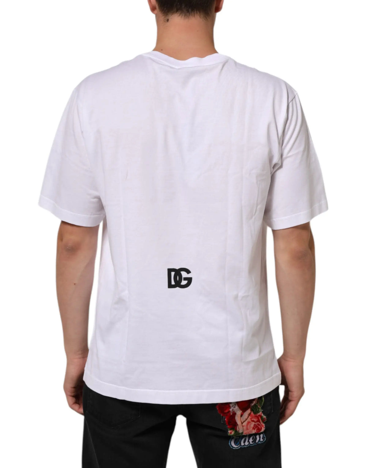 T-shirt dolce & gabbana blanc en coton avec logo dg noir brodé au bas du dos homme col rond
