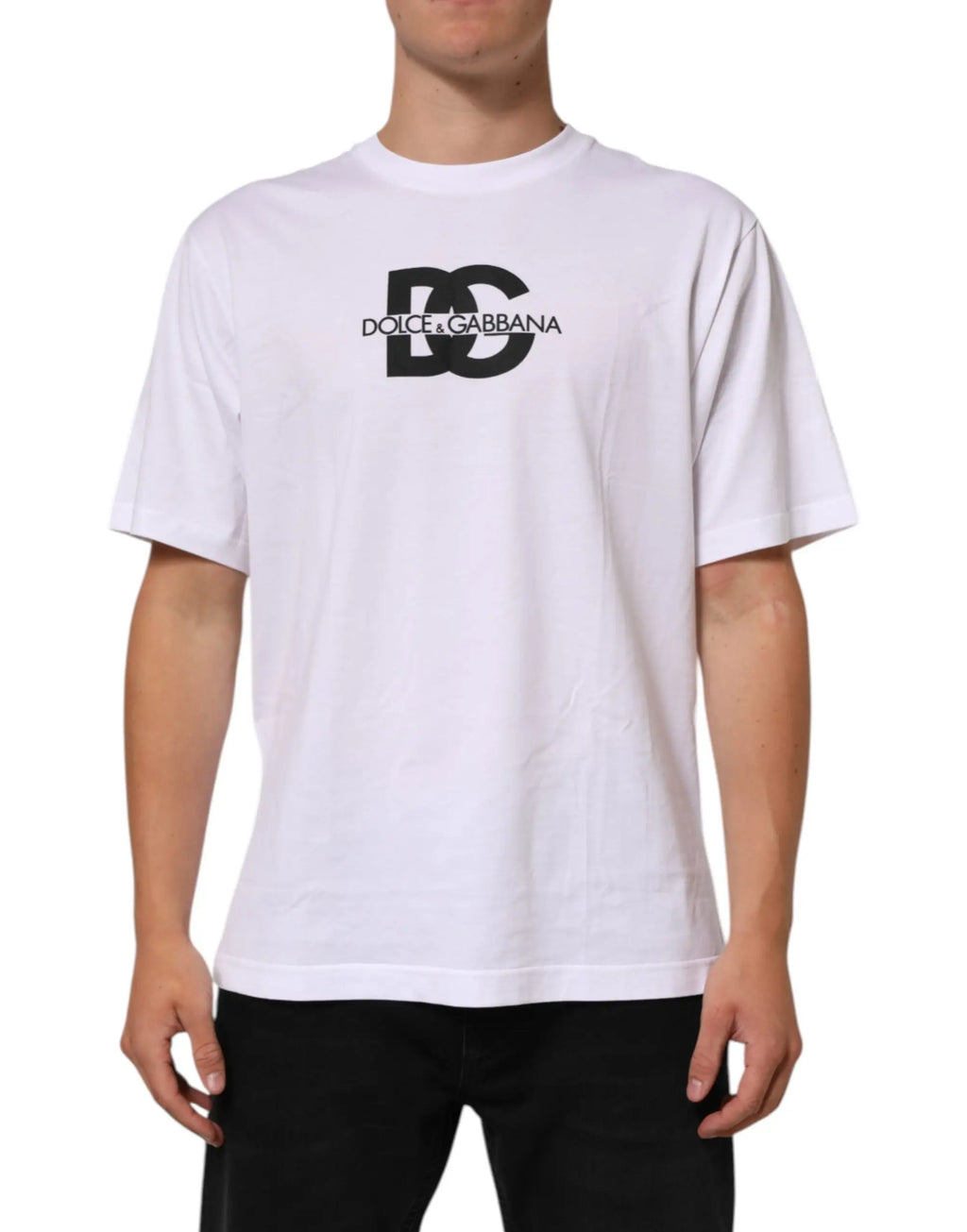 T-shirt blanc dolce & gabbana en coton avec logo dg noir entrelacé et nom de la marque imprimés sur la poitrine