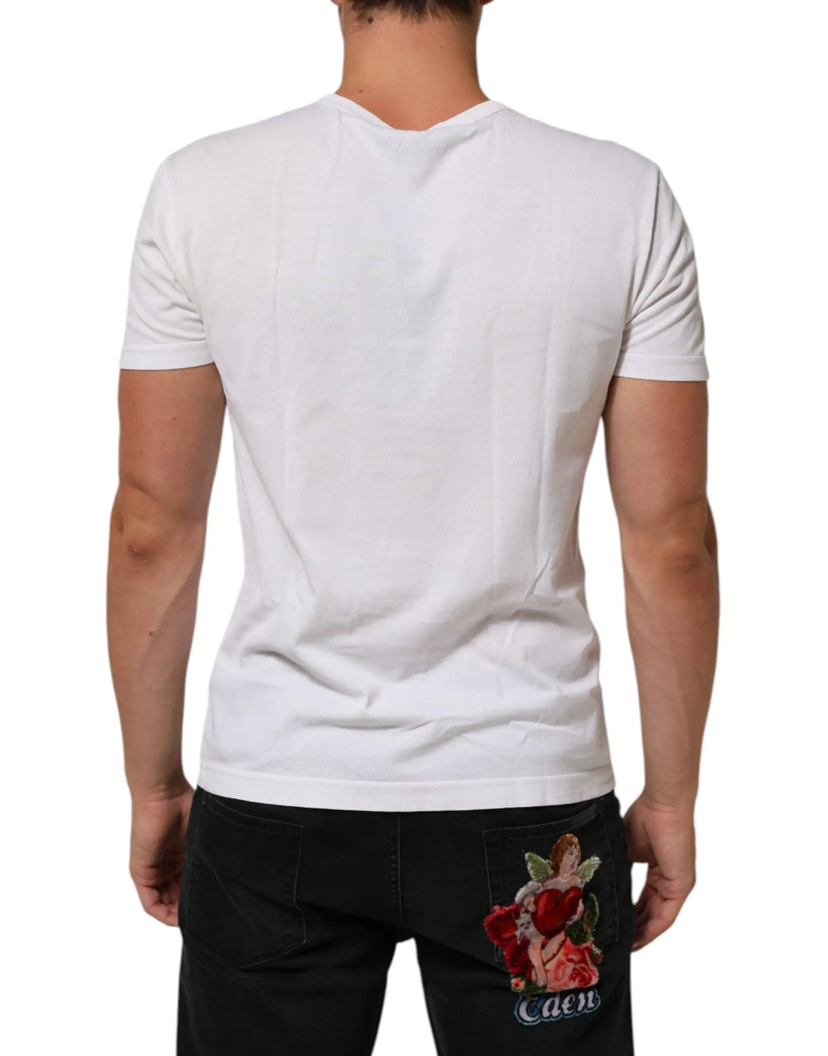 Dolce & gabbana t-shirt blanc en coton avec col v subtil et broderie ange tenant des roses au dos