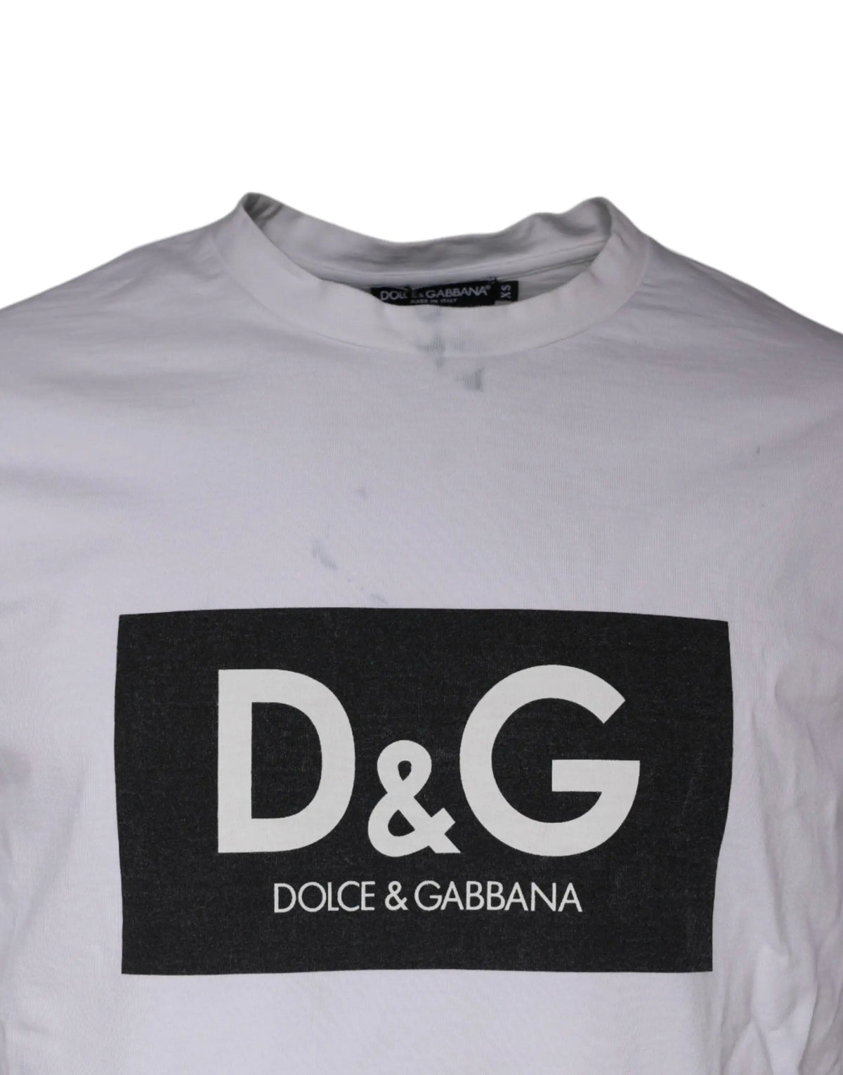 T-shirt blanc dolce & gabbana en coton avec logo noir rectangulaire et lettrage blanc d&g au centre