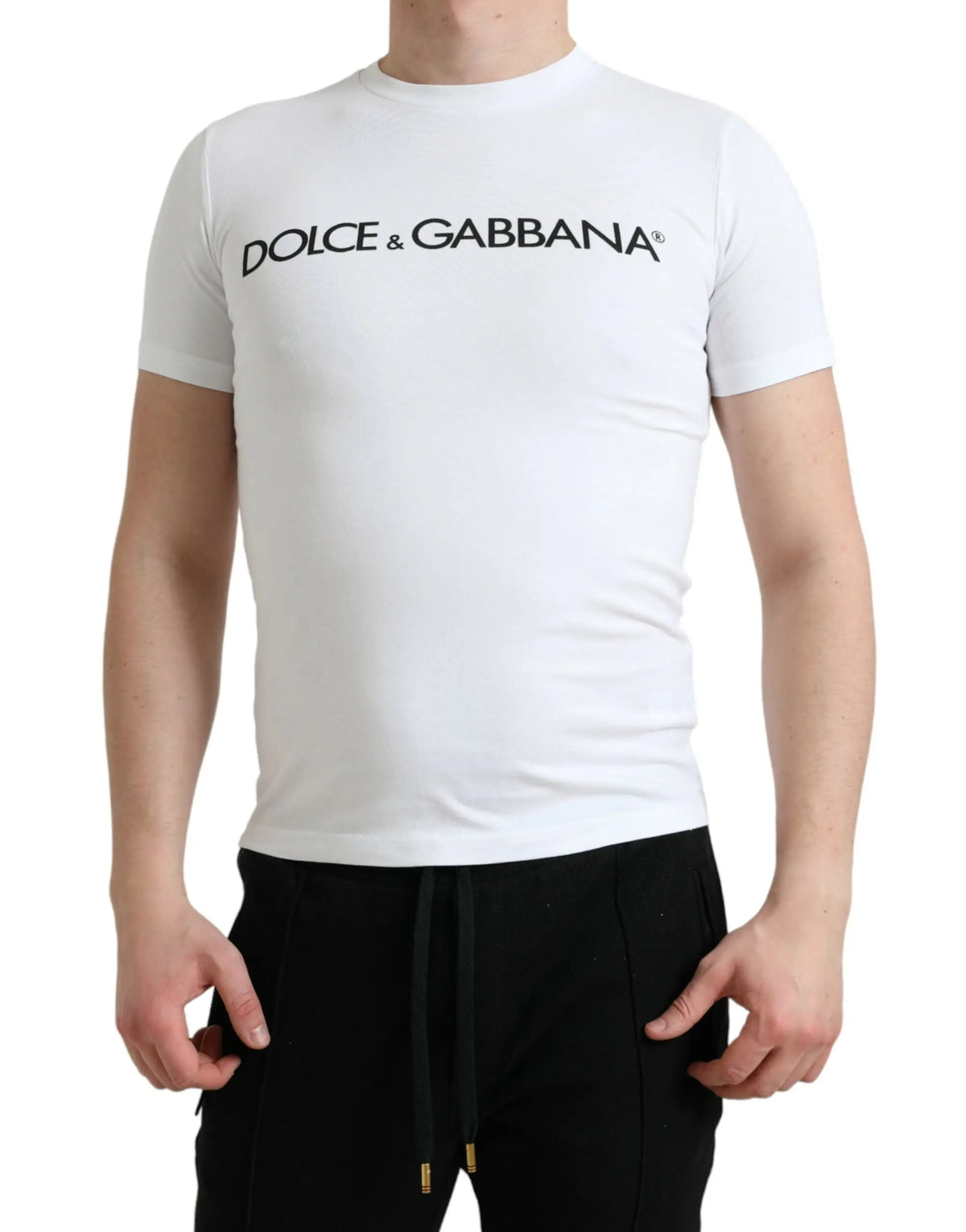 T-shirt blanc dolce gabbana en coton avec logo noir imprimé sur la poitrine col rond