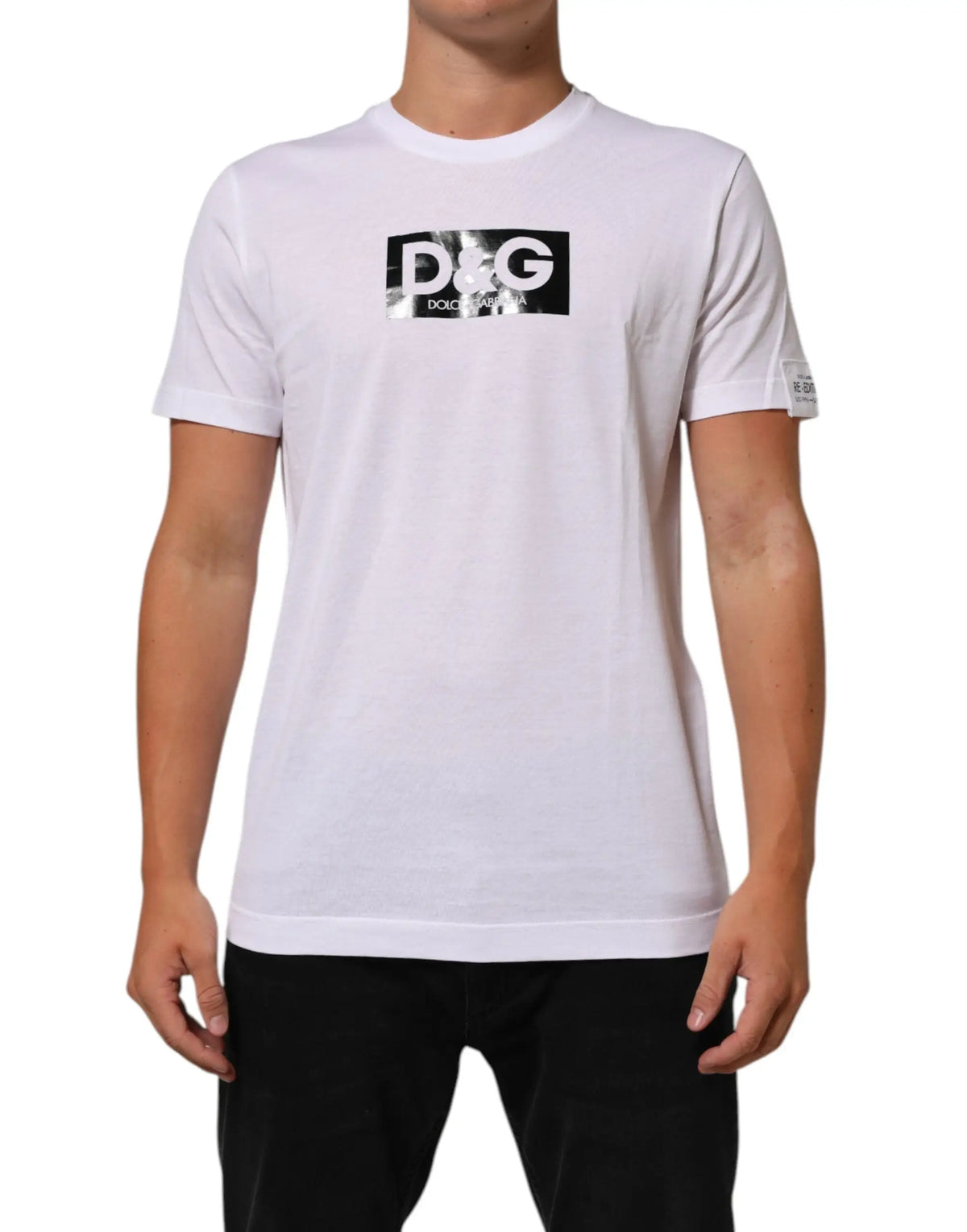T-shirt blanc en coton dolce gabbana avec logo rectangulaire noir et texte d&g en feuille dargent