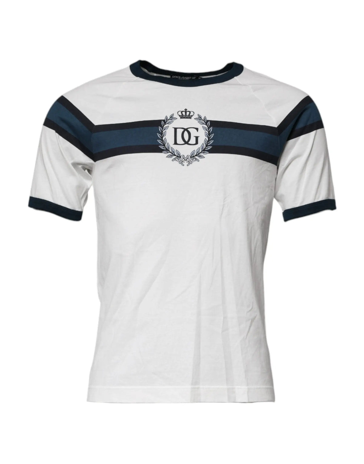 Dolce & gabbana t-shirt blanc en coton pour homme avec rayures bleu marine et logo brodé central