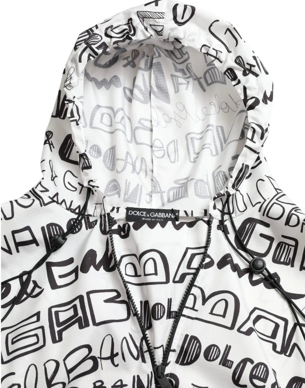 Blouson blanc dolce gabbana à capuche avec lettrage graffiti noir audacieux sur le tissu
