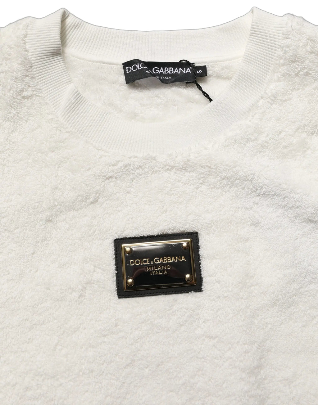 Sweatshirt dolce gabbana blanc avec tissu texturé duveteux et patch en cuir noir avec lettrage doré