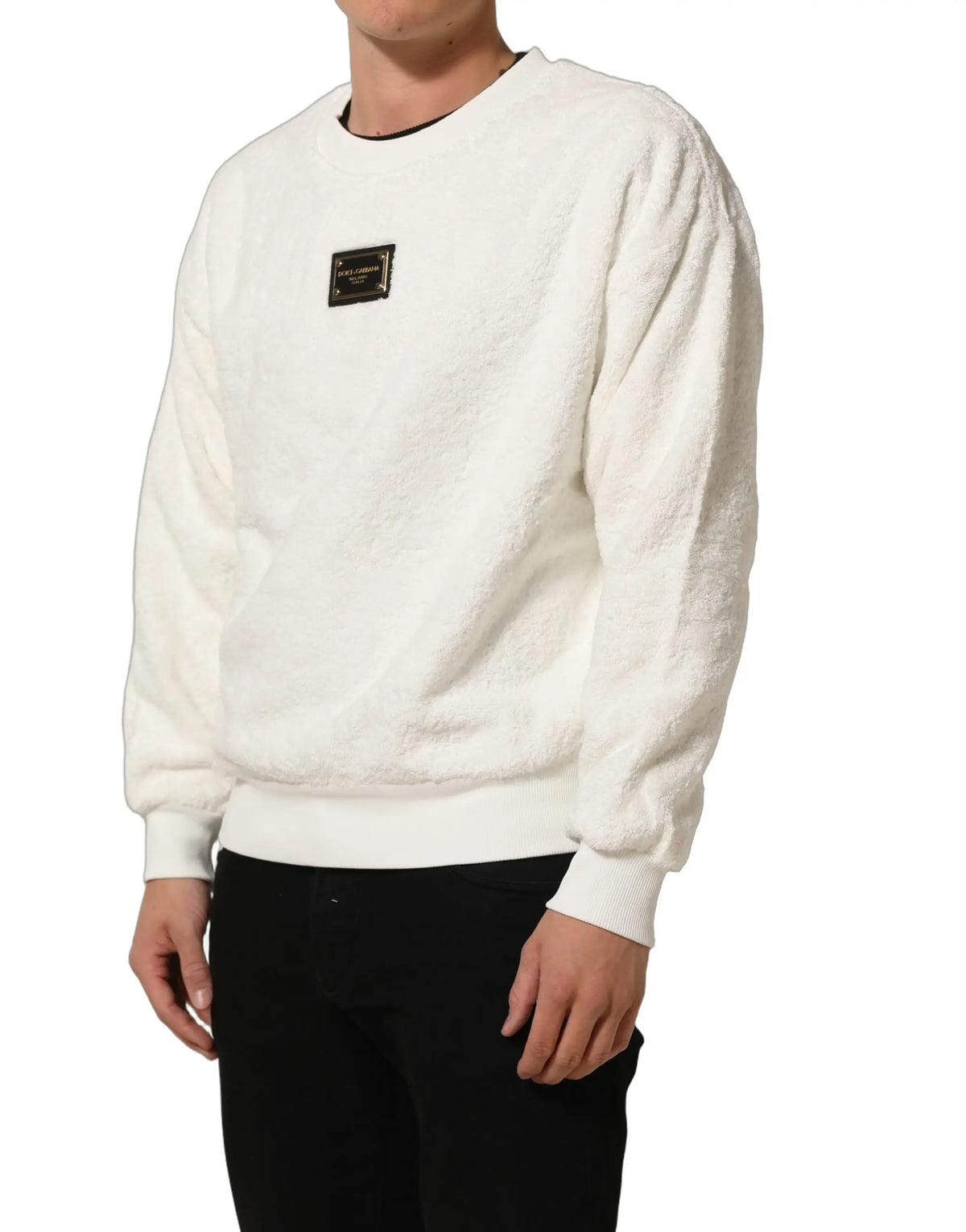 Sweatshirt dolce & gabbana blanc en coton texturé avec logo noir rectangulaire sur la poitrine