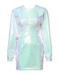 Robe fourreau mini manches longues dolce & gabbana blanche en tissu holographique irisé vert menthe et argenté brillant