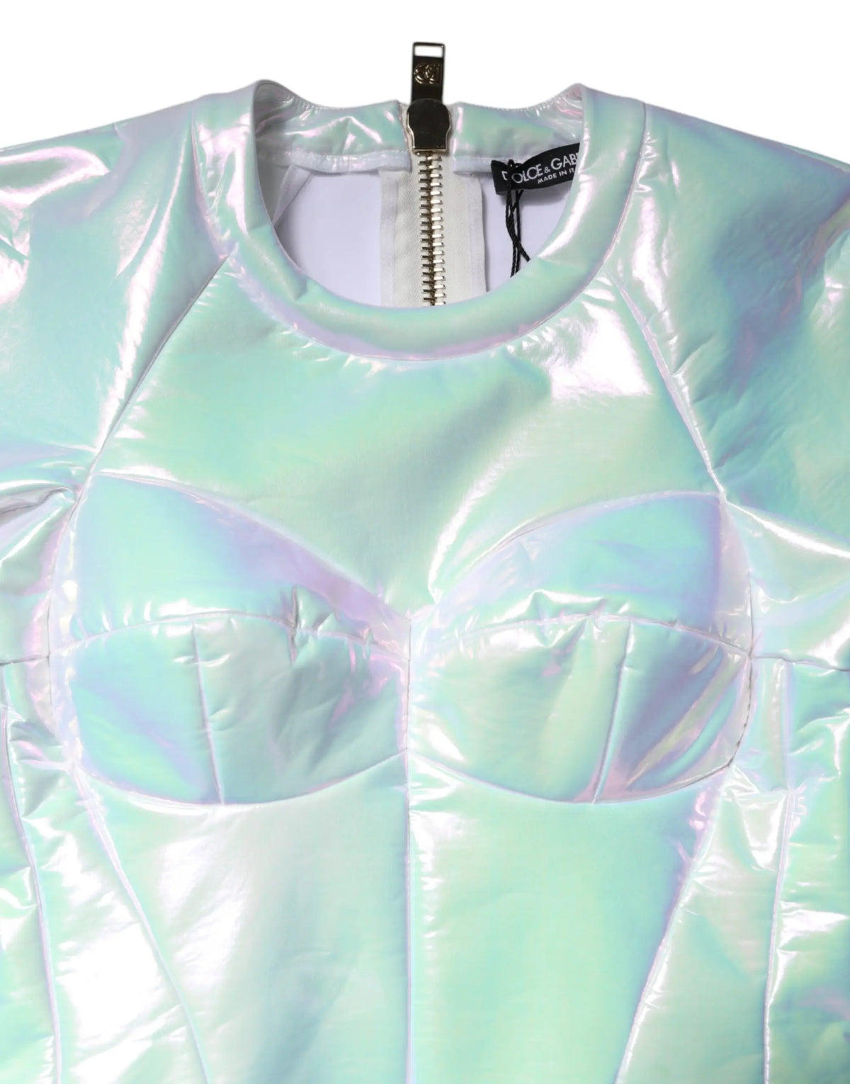 Dolce & Gabbana robe mini blanche à manches longues en tissu holographique irisé avec fermeture éclair centrale