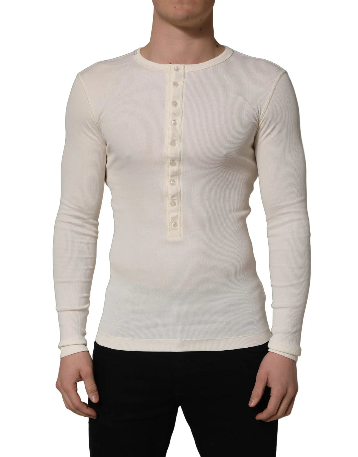 Pull-over henley dolce & gabbana blanc crème en coton côtelé à manches longues avec boutons sur le devant