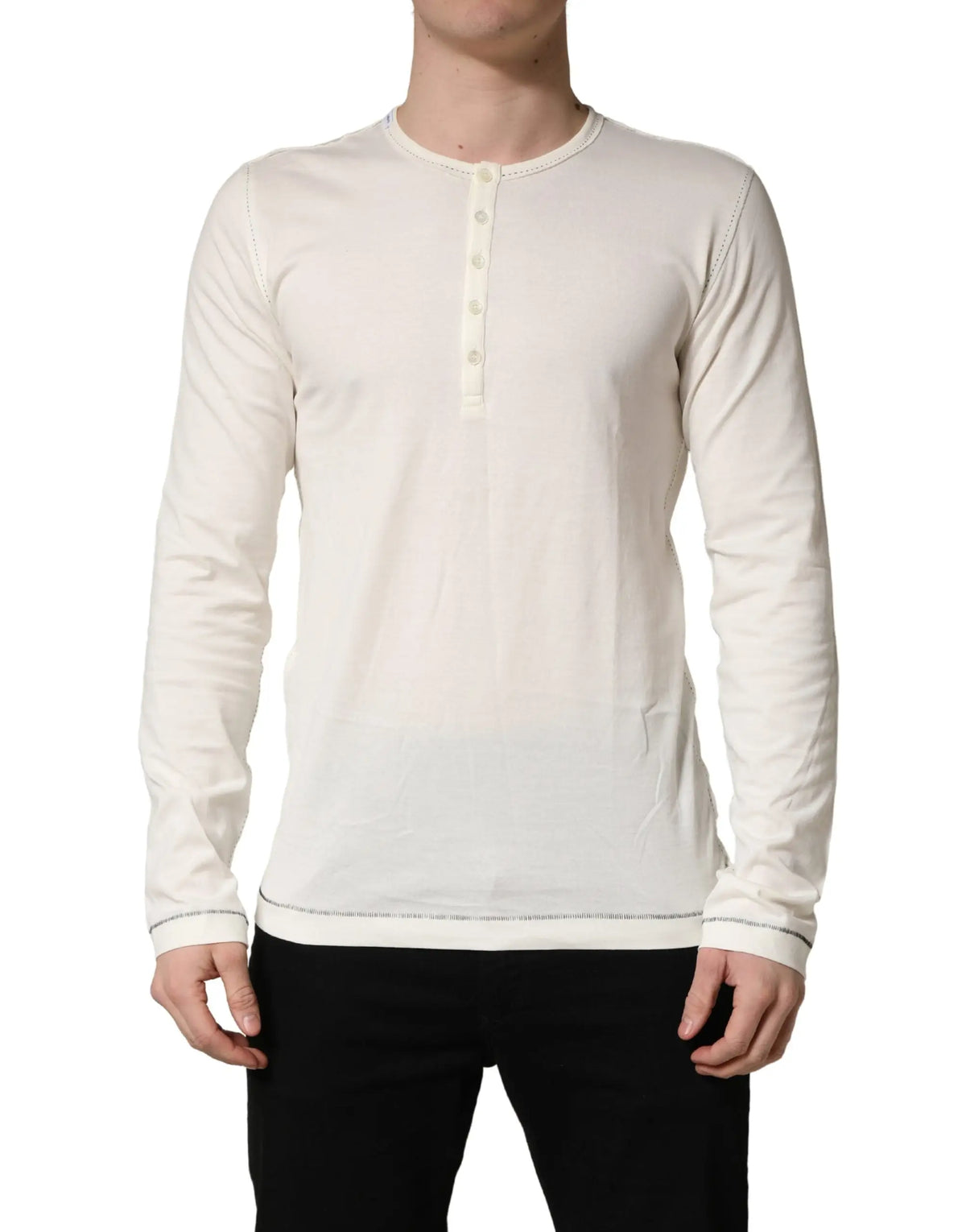 Dolce & gabbana pull-over henley blanc manches longues en maille crème avec surpiqûres discrètes et patte de boutonnage