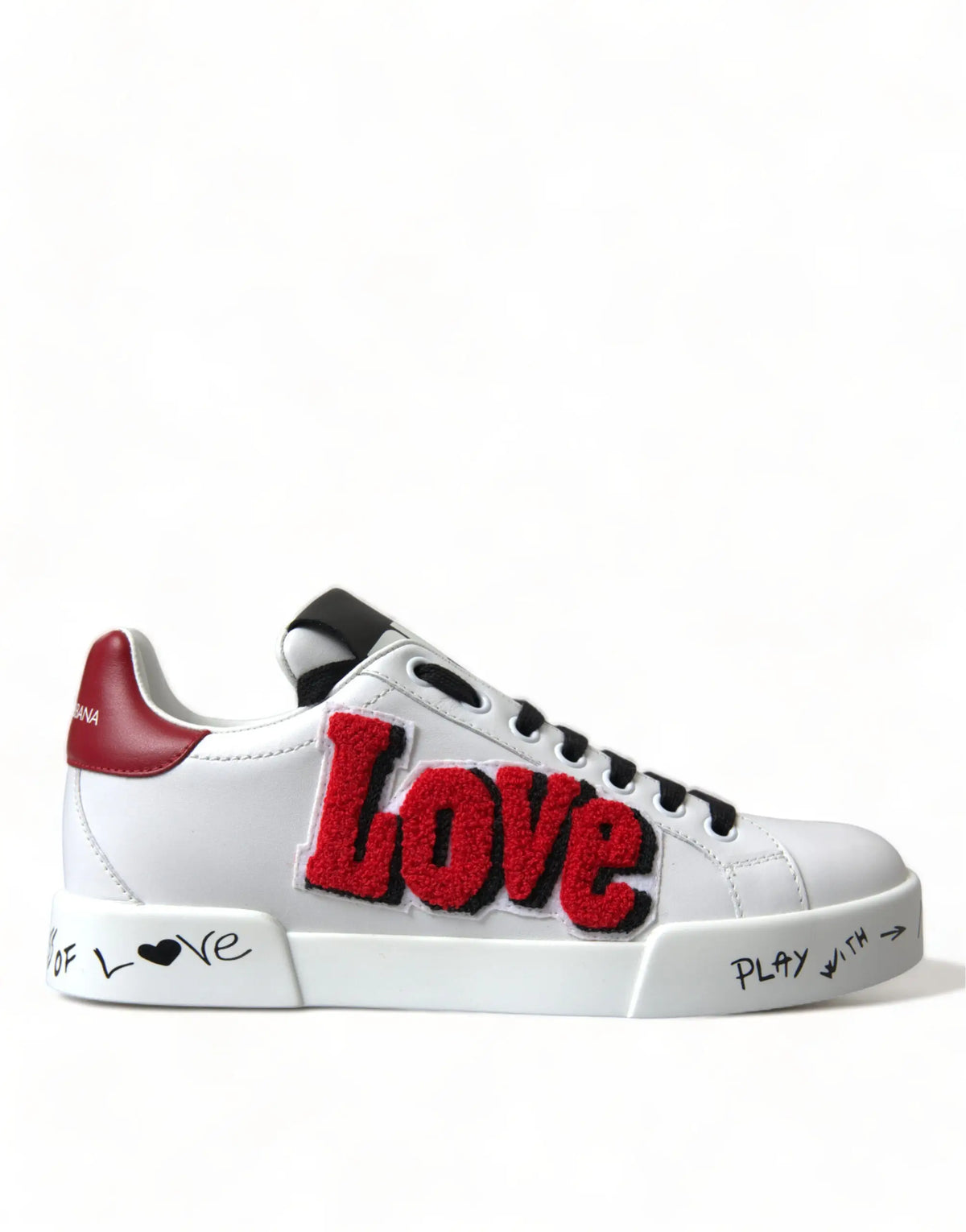 Baskets portofino classiques dolce & gabbana blanches en cuir avec lettrage rouge love brodé et accents noirs