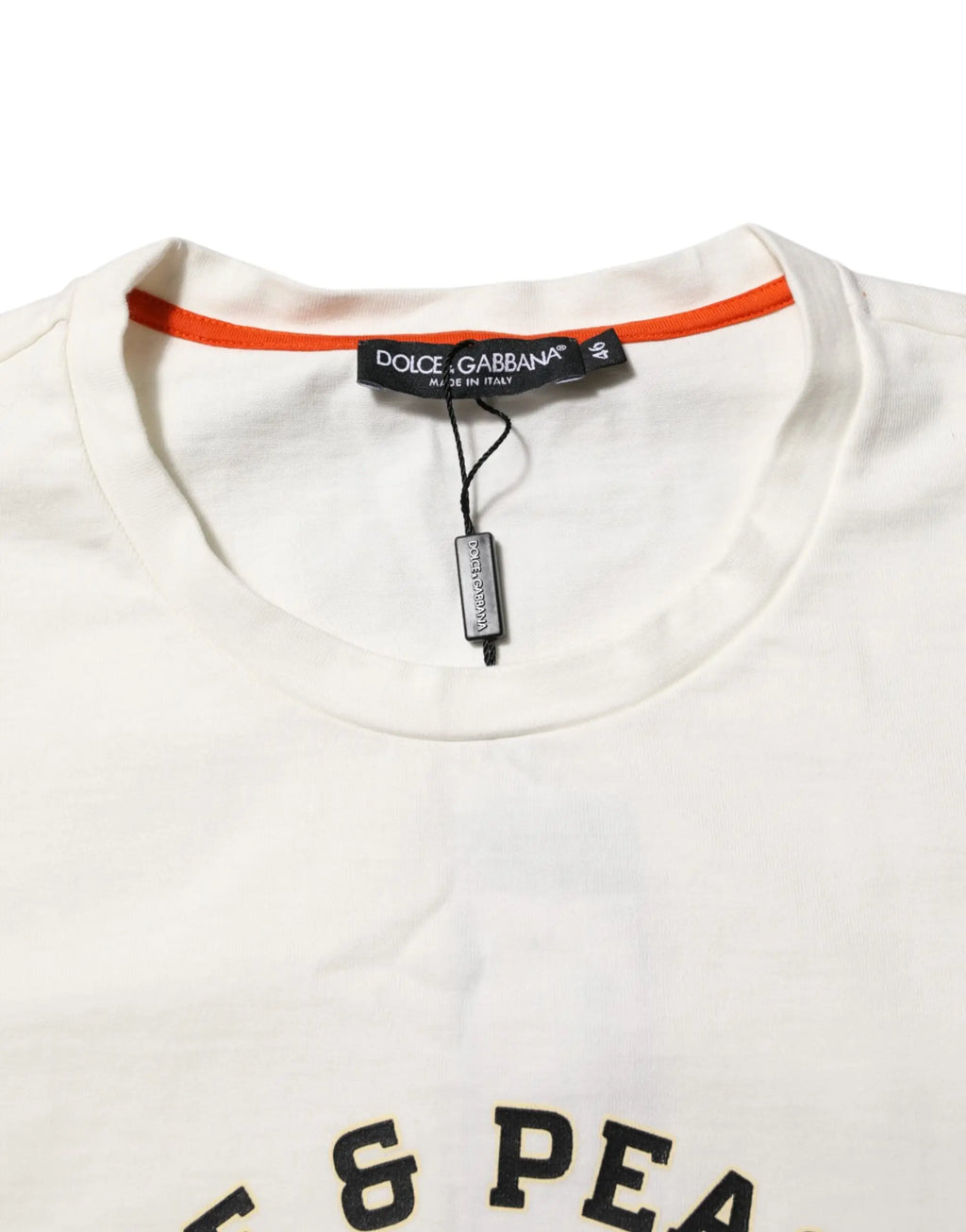T-shirt blanc dolce & gabbana en coton avec col rond, bordure orange et lettrage noir love peace homme
