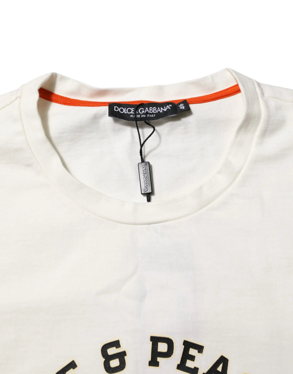 T-shirt blanc dolce & gabbana en coton avec col rond, bordure orange et lettrage noir love peace homme