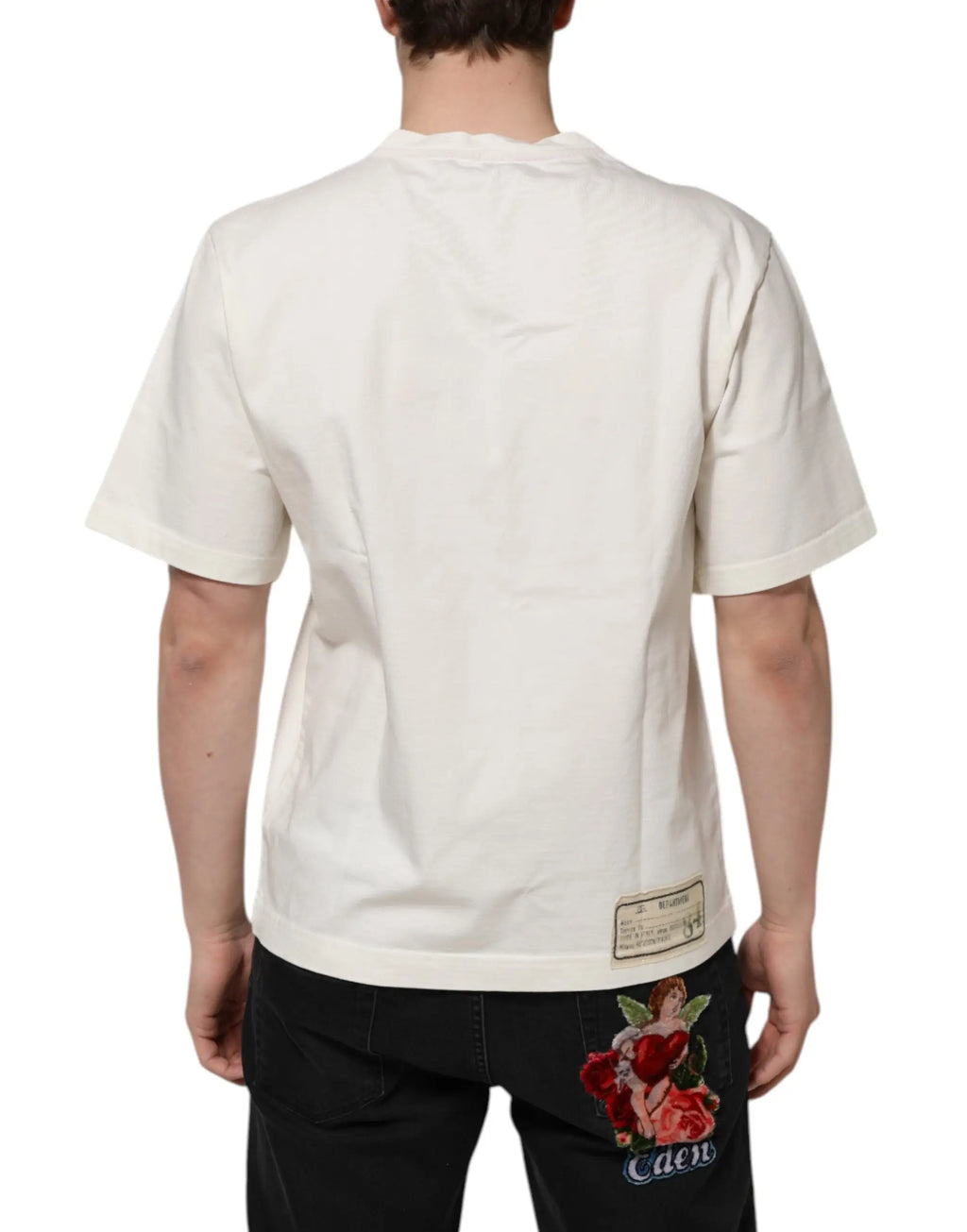 T-shirt coton blanc dolce & gabbana pour homme avec ange brodé rouge et vert tenant des roses au dos et caten brodé