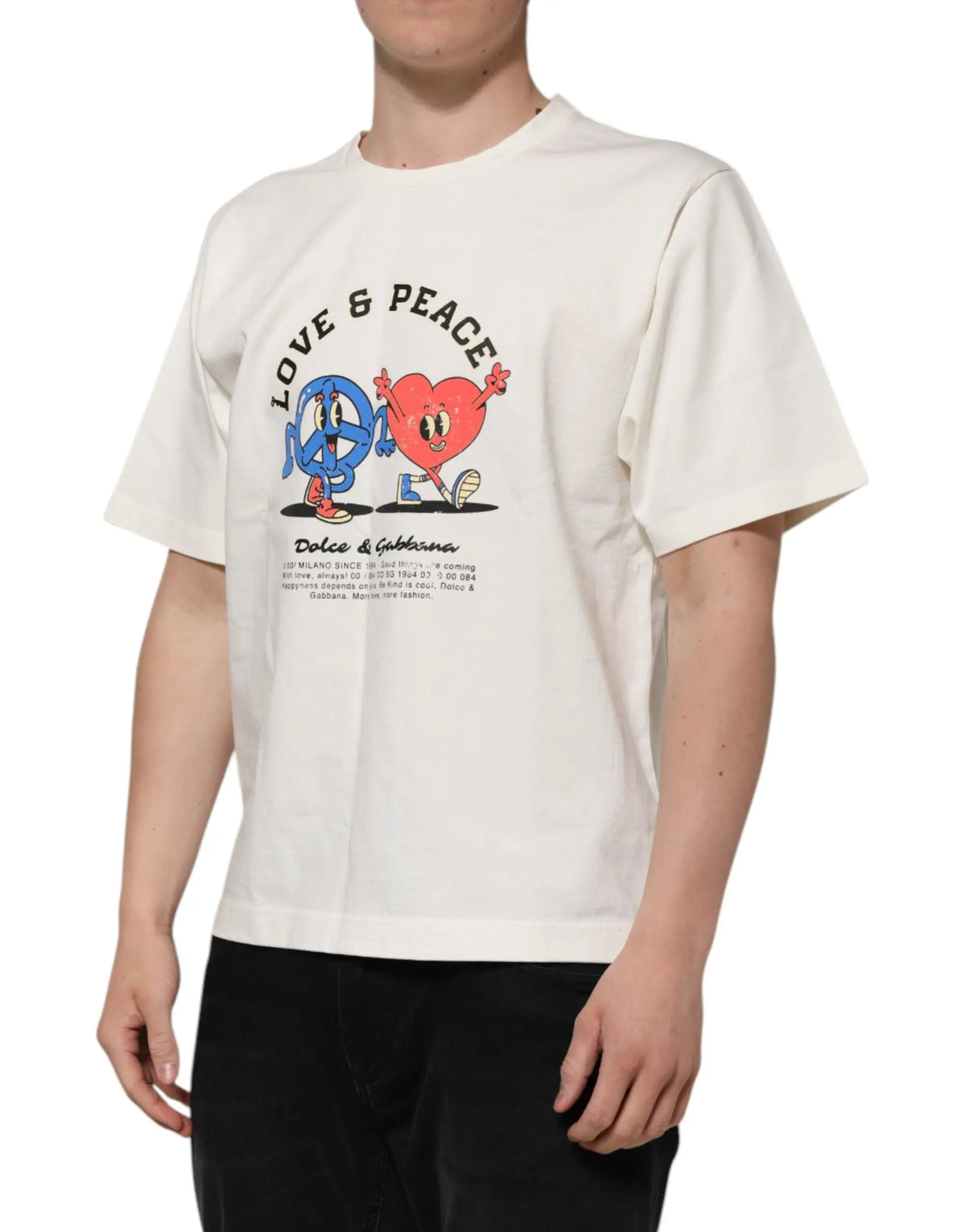 T-shirt dolce & gabbana blanc crème en coton pour homme avec graphique peace bleu et cœur rouge et texte love peace