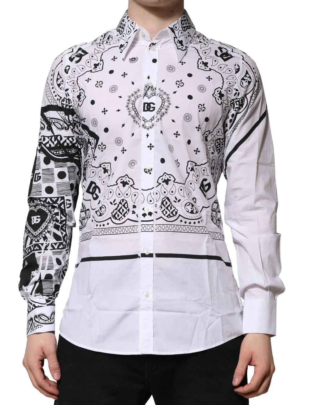 Chemise blanche dolce gabbana martini à manches longues imprimé bandana noir avec logo dg et motifs détaillés