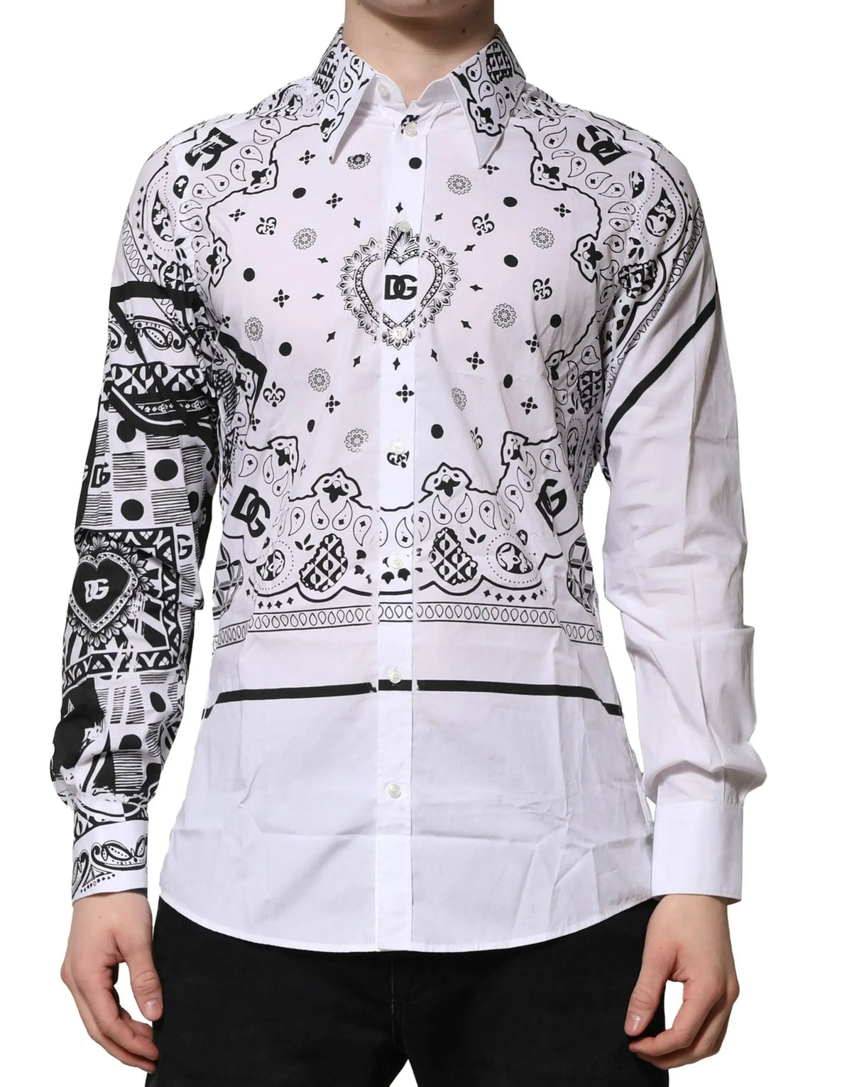 Chemise blanche dolce gabbana martini à manches longues imprimé bandana noir avec logo dg et motifs détaillés