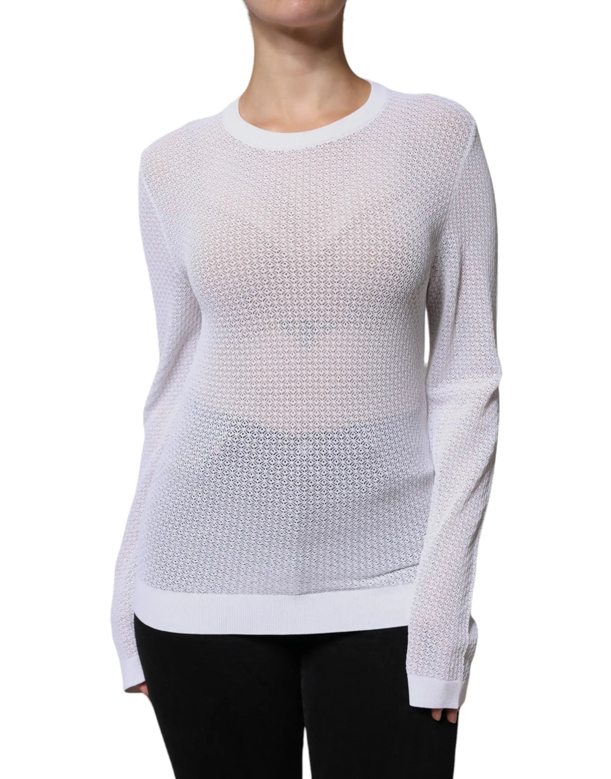 Pull blanc dolce gabbana à manches longues en maille ajourée avec poignets et ourlet côtelés