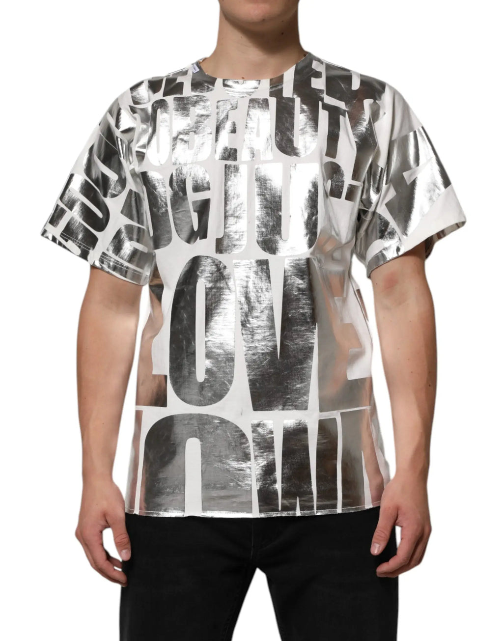 Dolce & gabbana t-shirt blanc en coton avec imprimé métallique argenté et texte graphique audacieux superposé