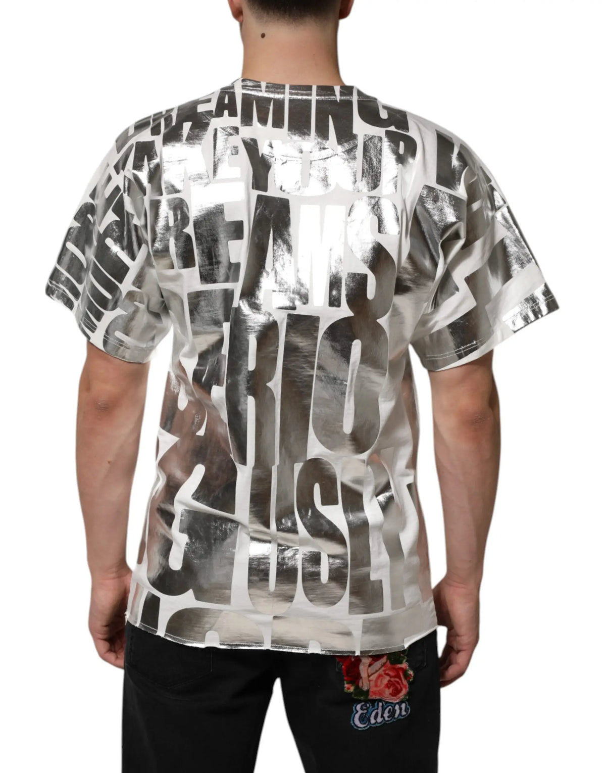 T-shirt dolce & gabbana en coton blanc métallisé avec manches courtes et texte noir graphique superposé