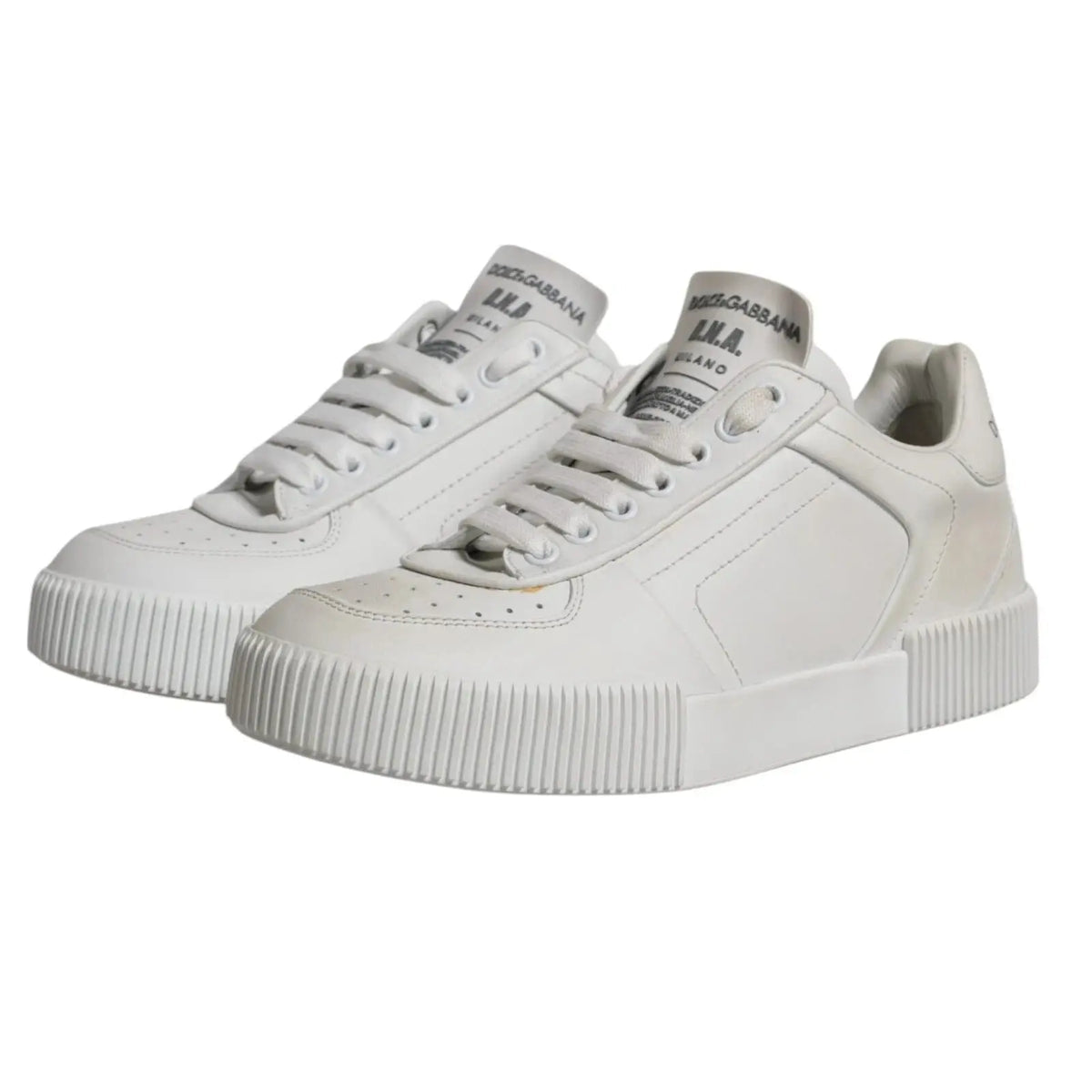 Baskets basses dolce & gabbana miami blanches en cuir avec semelles en caoutchouc côtelées et coutures décoratives