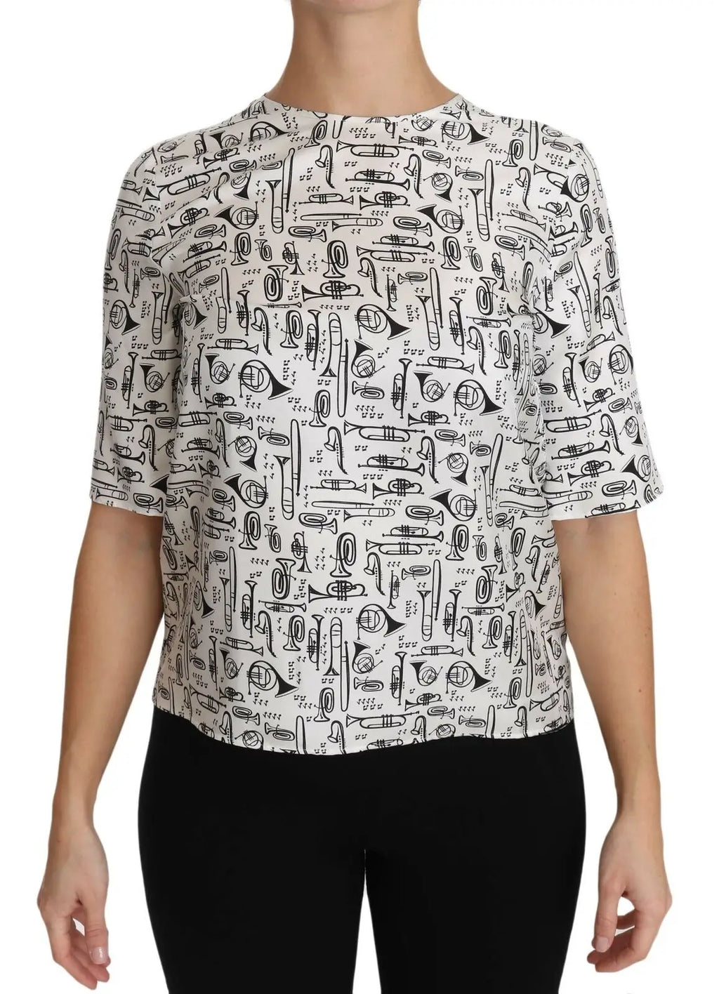 Blouse blanche dolce & gabbana à manches courtes avec imprimé noir d’instruments de musique et col rond