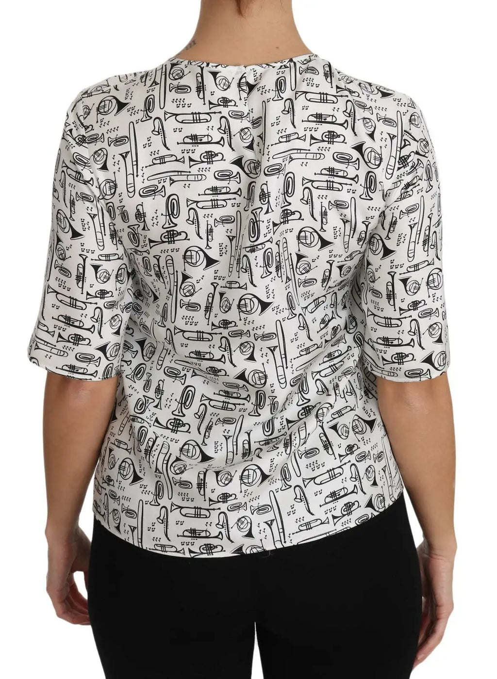 Blouse blanche dolce & gabbana en coton avec motif trompette noir et manches trois quarts ajustée