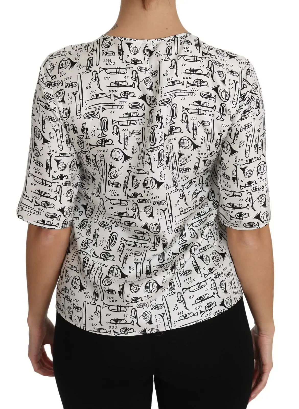 Blouse blanche dolce & gabbana en coton avec motif trompette noir et manches trois quarts ajustée