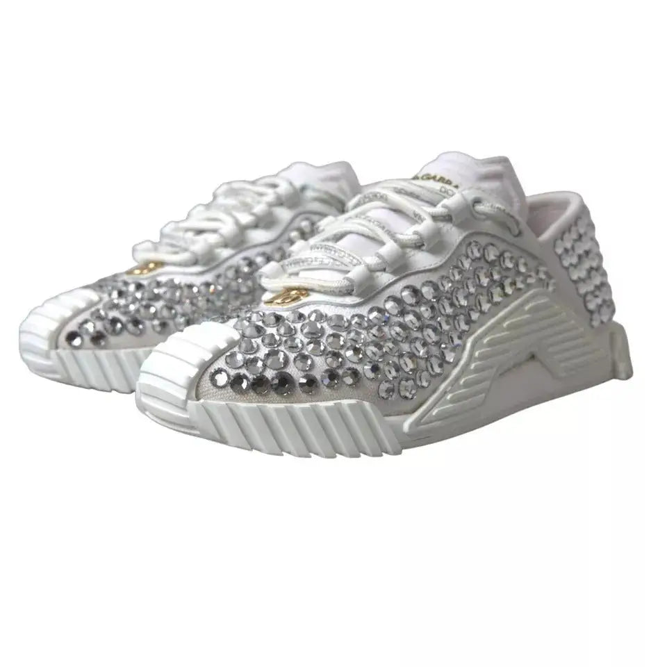 Baskets blanches dolce & gabbana ns1 en toile et cuir ornées de strass argentés et accents dorés de marque
