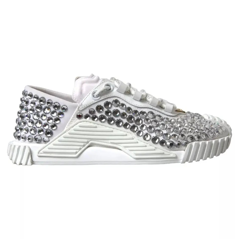 Baskets blanches dolce & gabbana ns1 en toile et cuir ornées de strass argentés sur la tige et la semelle